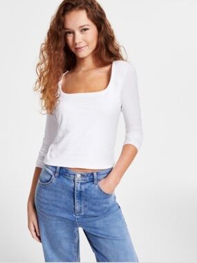 Planet Heart Junior's Square-Neck Long-Sleeve Tee - Bright White Size XL NWT